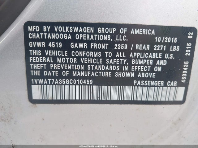 Продажа на аукционе авто 2016 Volkswagen Passat 1.8t S, vin: 1VWAT7A35GC010459, номер лота: 44736476