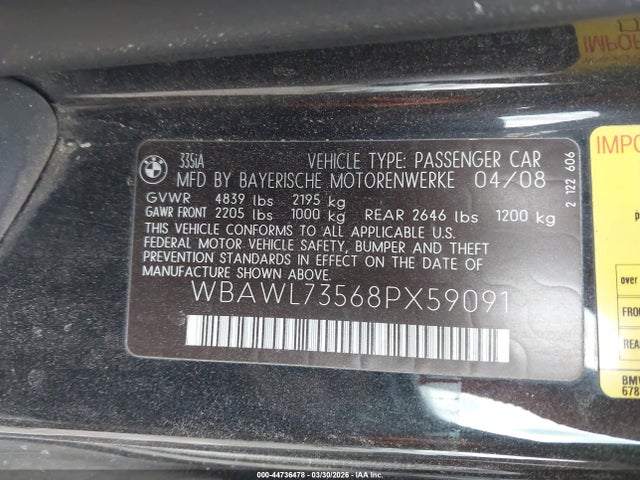2008 Bmw 335i მანქანა იყიდება აუქციონზე, vin: WBAWL73568PX59091, აუქციონის ნომერი: 44736478