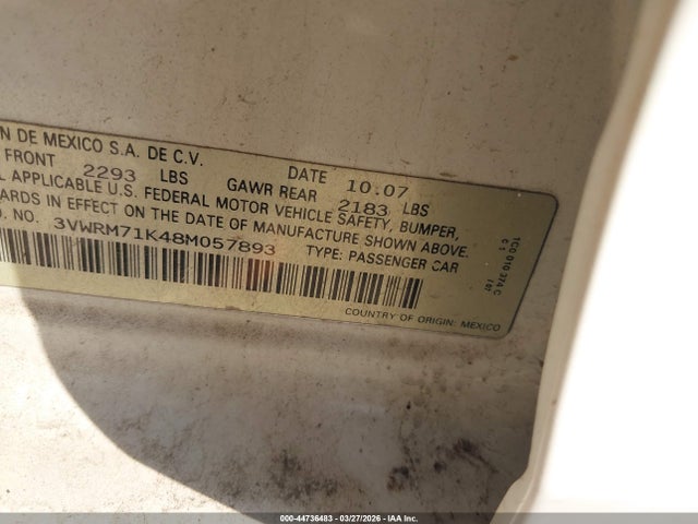 44736483 :رقم المزاد ، 3VWRM71K48M057893 vin ، 2008 Volkswagen Jetta Se/sel مزاد بيع