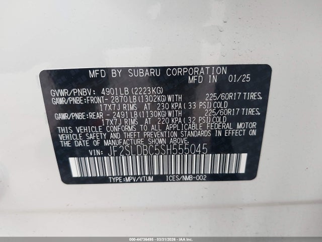 2025 Subaru Forester Premium მანქანა იყიდება აუქციონზე, vin: JF2SLDBC5SH555045, აუქციონის ნომერი: 44736495