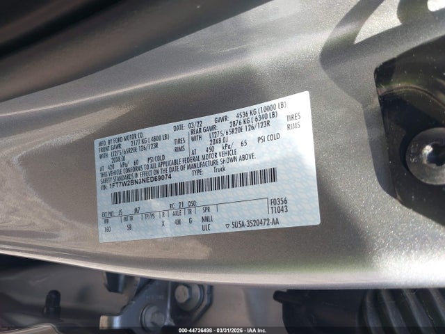 Продаж на аукціоні авто 2022 Ford F-250 Lariat, vin: 1FT7W2BN3NED69074, номер лоту: 44736498