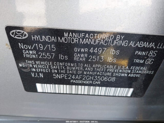 5NPE24AF2GH350608 Hyundai SONATA SE