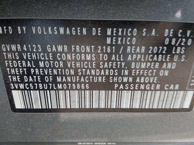 44736519 :رقم المزاد ، 3VWC57BU7LM079866 vin ، 2020 Volkswagen Jetta 1.4t R-line/1.4t S/1.4t Se مزاد بيع