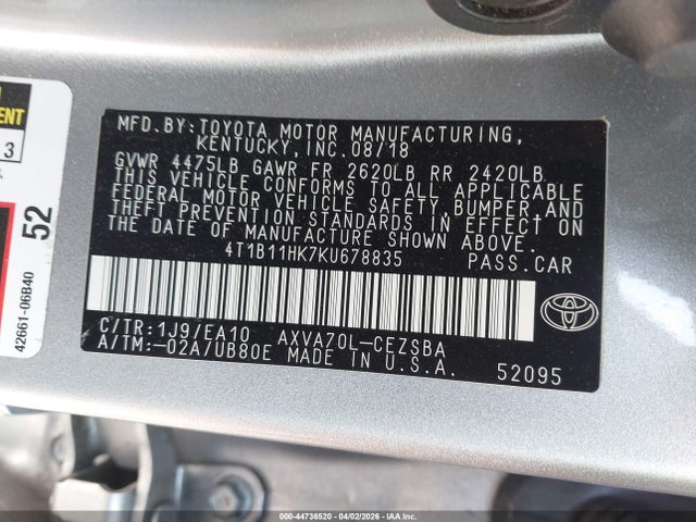 Aukcja sprzedaży 2019 Toyota Camry Se, vin: 4T1B11HK7KU678835, numer aukcji: 44736520