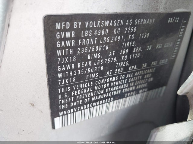 Продаж на аукціоні авто 2012 Volkswagen Tiguan Se, vin: WVGBV7AX5CW608320, номер лоту: 44736529