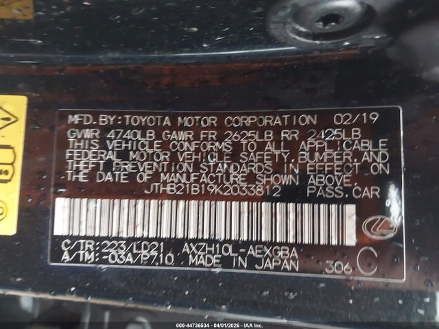 44736534 :رقم المزاد ، JTHB21B19K2033812 vin ، 2019 Lexus Es 300h مزاد بيع