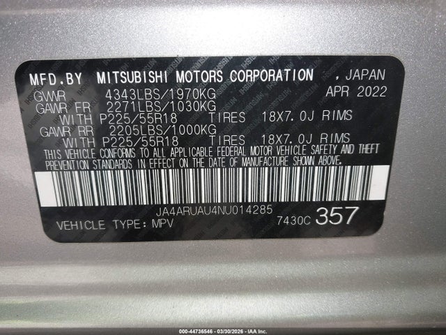 2022 Mitsubishi Outlander Sport 2.0 Be Awc/2.0 Es Awc/2.0 Le Awc/2.0 Se Awc/2.0 Se Special Edition Awc მანქანა იყიდება აუქციონზე, vin: JA4ARUAU4NU014285, აუქციონის ნომერი: 44736546