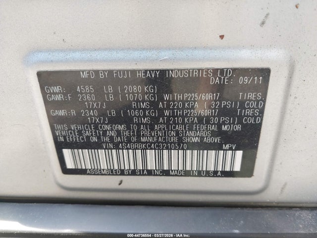 Продаж на аукціоні авто 2012 Subaru Outback 2.5i Limited, vin: 4S4BRBKC4C3210570, номер лоту: 44736554