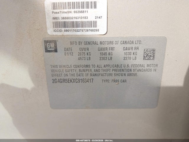 Aukcja sprzedaży 2012 Buick Regal, vin: 2G4GR5EKXC9163417, numer aukcji: 44736575