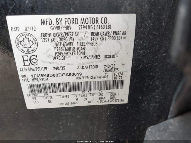 44736579 :رقم المزاد ، 1FM5K8D88DGA90019 vin ، 2013 Ford Explorer Xlt مزاد بيع