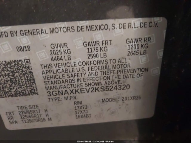 Продажа на аукционе авто 2019 Chevrolet Equinox Lt, vin: 3GNAXKEV2KS524320, номер лота: 44736586