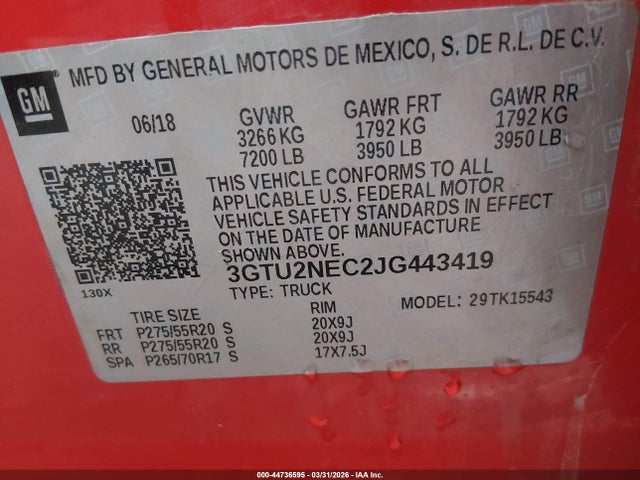 Aukcja sprzedaży 2018 Gmc Sierra 1500 Slt, vin: 3GTU2NEC2JG443419, numer aukcji: 44736595