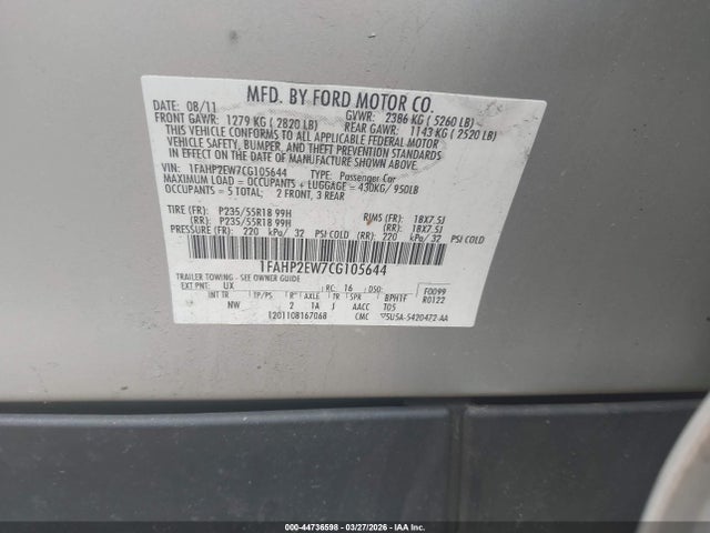 2012 Ford Taurus Sel მანქანა იყიდება აუქციონზე, vin: 1FAHP2EW7CG105644, აუქციონის ნომერი: 44736598