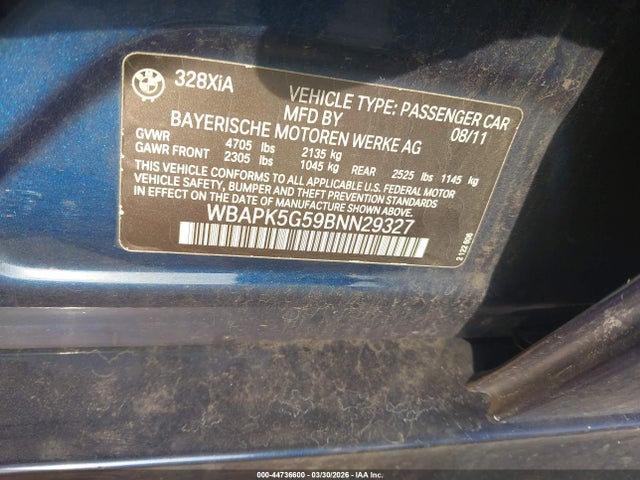 44736600 :رقم المزاد ، WBAPK5G59BNN29327 vin ، 2011 Bmw 328i Xdrive مزاد بيع