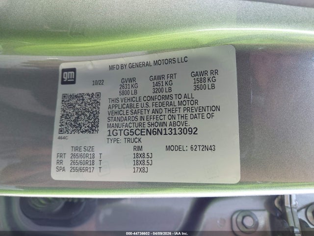 44736602 :رقم المزاد ، 1GTG5CEN6N1313092 vin ، 2022 Gmc Canyon 2wd  Short Box Elevation مزاد بيع