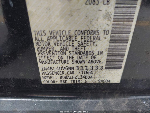 1N4BL4DV6NN311333 Nissan Altima Sv Fwd