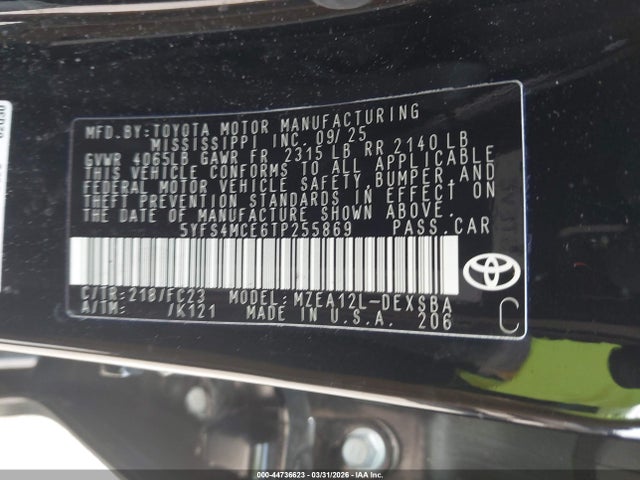 Продаж на аукціоні авто 2026 Toyota Corolla Se, vin: 5YFS4MCE6TP255869, номер лоту: 44736623