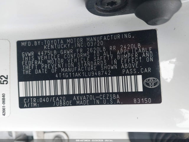 44736634 :رقم المزاد ، 4T1G11AK1LU948742 vin ، 2020 Toyota Camry Se مزاد بيع
