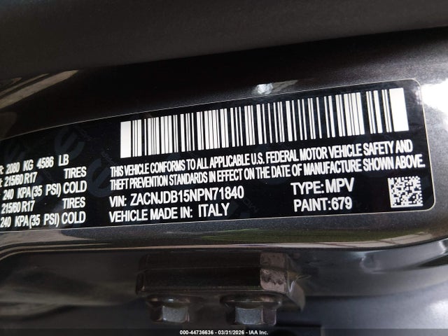 44736636 :رقم المزاد ، ZACNJDB15NPN71840 vin ، 2022 Jeep Renegade Latitude 4x4 مزاد بيع