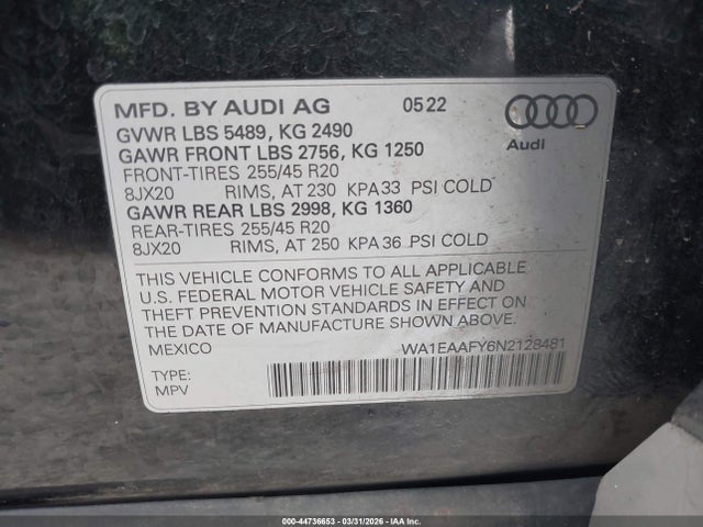Продажа на аукционе авто 2022 Audi Q5 Premium Plus 45 Tfsi S Line Quattro S Tronic, vin: WA1EAAFY6N2128481, номер лота: 44736653
