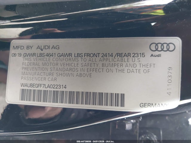 Aukcja sprzedaży 2020 Audi A3 Premium 45 Tfsi S Line Quattro S Tronic, vin: WAUBEGFF7LA022314, numer aukcji: 44736656
