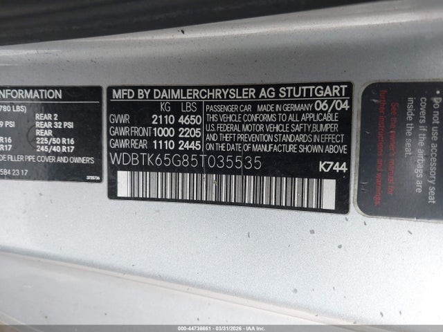 Aukcja sprzedaży 2005 Mercedes-benz Clk 320, vin: WDBTK65G85T035535, numer aukcji: 44736661
