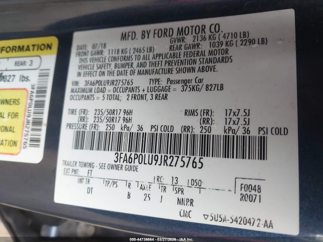 44736664 :رقم المزاد ، 3FA6P0LU9JR275765 vin ، 2018 Ford Fusion Hybrid Se مزاد بيع