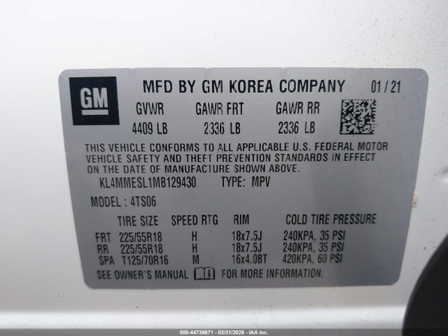 44736671 :رقم المزاد ، KL4MMESL1MB129430 vin ، 2021 Buick Encore Gx Awd Select مزاد بيع