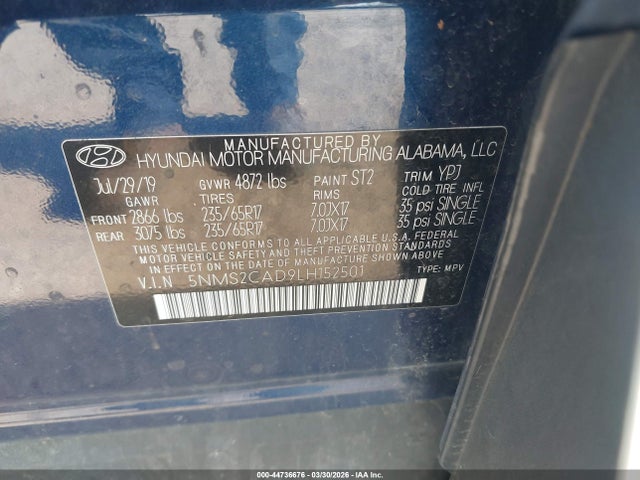 5NMS2CAD9LH152501 Hyundai Santa Fe Se