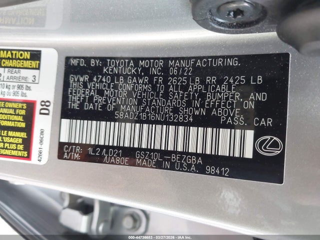 2022 Lexus Es 350 მანქანა იყიდება აუქციონზე, vin: 58ADZ1B16NU132834, აუქციონის ნომერი: 44736683