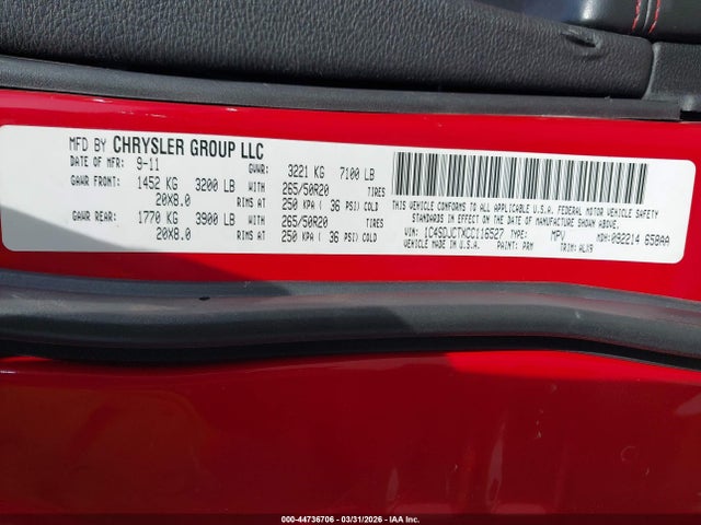 44736706 :رقم المزاد ، 1C4SDJCTXCC116527 vin ، 2012 Dodge Durango R/t مزاد بيع