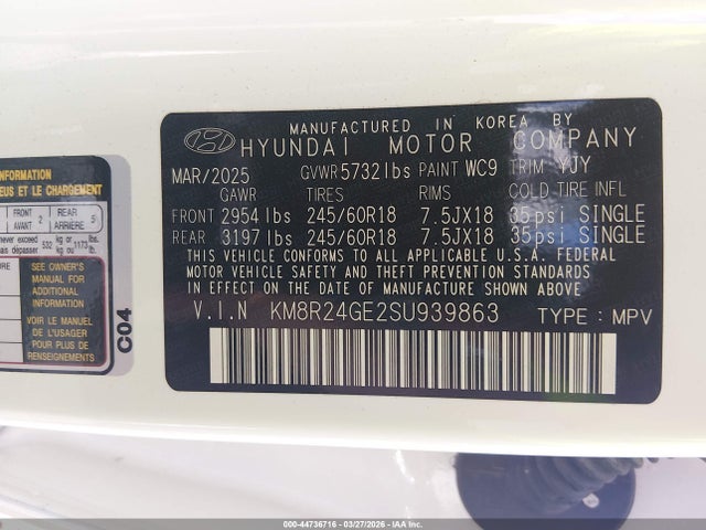 Продаж на аукціоні авто 2025 Hyundai Palisade Sel, vin: KM8R24GE2SU939863, номер лоту: 44736716