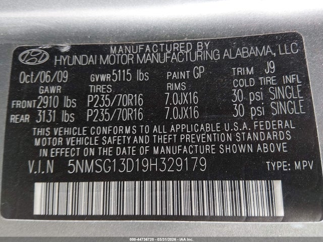 2009 HYUNDAI SANTA FE 5NMSG13D19H329179 Photo 8