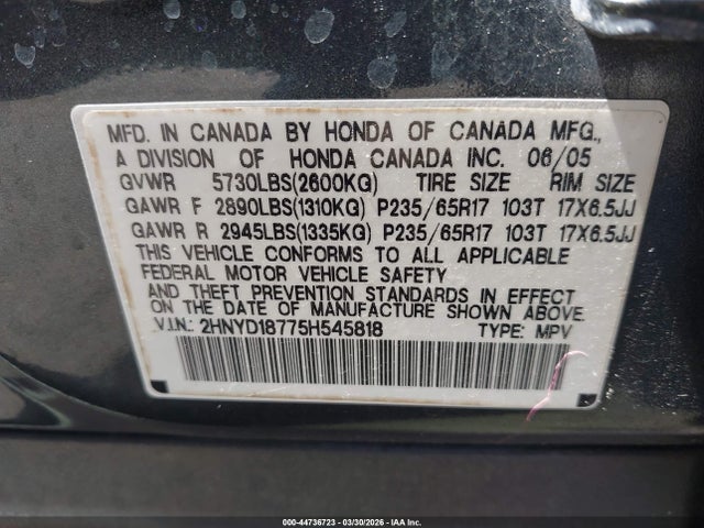 Продаж на аукціоні авто 2005 Acura Mdx, vin: 2HNYD18775H545818, номер лоту: 44736723