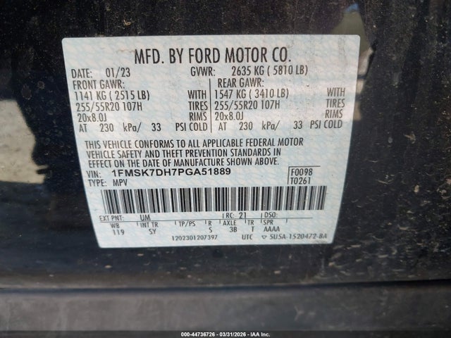 Продажа на аукционе авто 2023 Ford Explorer Xlt, vin: 1FMSK7DH7PGA51889, номер лота: 44736726