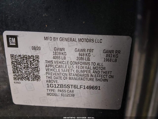 44736742 :رقم المزاد ، 1G1ZB5ST6LF149691 vin ، 2020 Chevrolet Malibu Fwd Ls مزاد بيع
