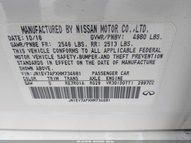 Aukcja sprzedaży 2017 Infiniti Q50 3.0t Premium, vin: JN1EV7APXHM734681, numer aukcji: 44736756