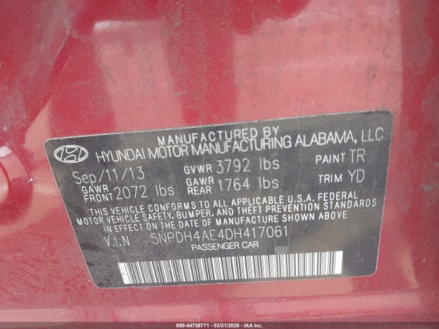 Aukcja sprzedaży 2013 Hyundai Elantra Gls, vin: 5NPDH4AE4DH417061, numer aukcji: 44736771