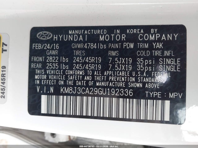 Продажа на аукционе авто 2016 Hyundai Tucson Sport, vin: KM8J3CA29GU192336, номер лота: 44736783