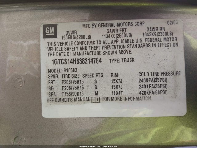Aukcja sprzedaży 2003 Gmc Sonoma Sls, vin: 1GTCS14H638214784, numer aukcji: 44736784