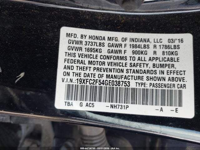 Продажа на аукционе авто 2016 Honda Civic Lx, vin: 19XFC2F54GE038753, номер лота: 44736785