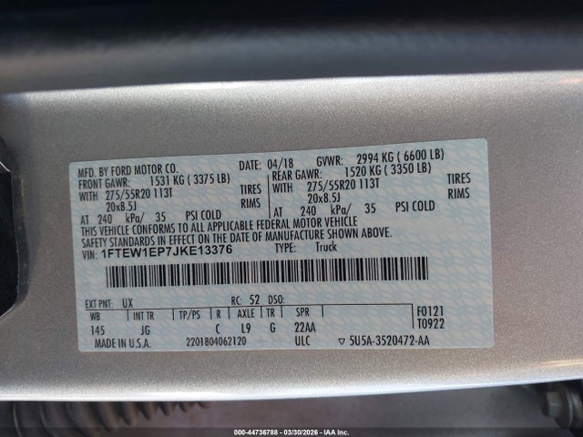 44736788 :رقم المزاد ، 1FTEW1EP7JKE13376 vin ، 2018 Ford F-150 Xl مزاد بيع