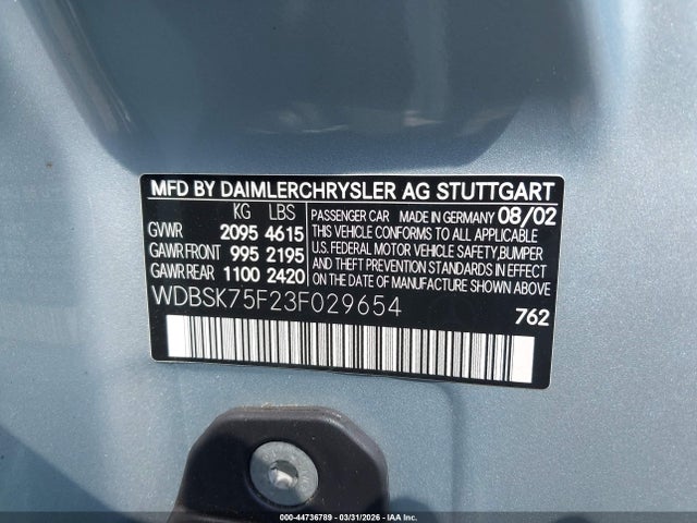 Продаж на аукціоні авто 2003 Mercedes-benz Sl 500, vin: WDBSK75F23F029654, номер лоту: 44736789