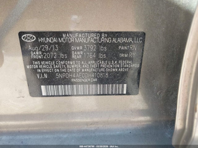 Aukcja sprzedaży 2013 Hyundai Elantra Limited, vin: 5NPDH4AE0DH410818, numer aukcji: 44736790
