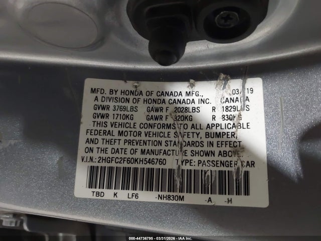 44736795 :رقم المزاد ، 2HGFC2F60KH546760 vin ، 2019 Honda Civic Lx مزاد بيع