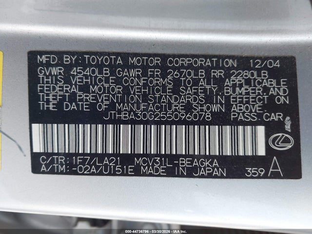 Продажа на аукционе авто 2005 Lexus Es 330, vin: JTHBA30G255096078, номер лота: 44736796