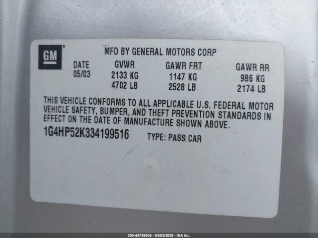 Продаж на аукціоні авто 2003 Buick Lesabre Custom, vin: 1G4HP52K334199516, номер лоту: 44736806