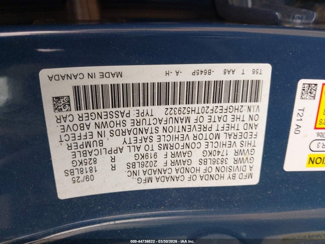 Aukcja sprzedaży 2026 Honda Civic Lx, vin: 2HGFE2F20TH529322, numer aukcji: 44736822