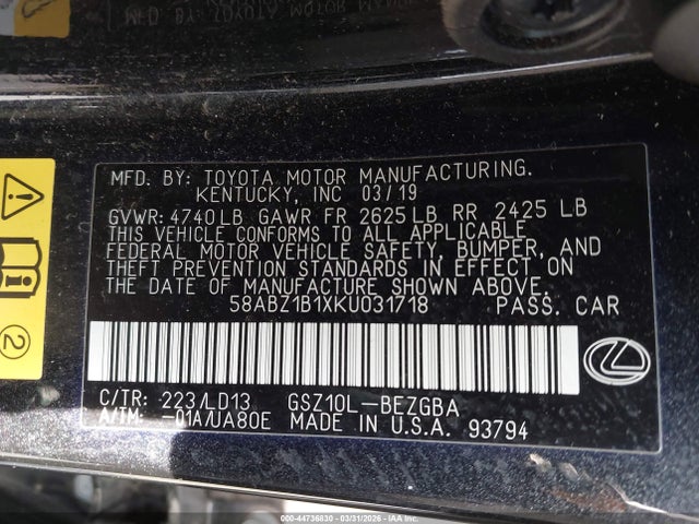 Auction sale of the 2019 Lexus Es 350, vin: 58ABZ1B1XKU031718, lot number: 44736830