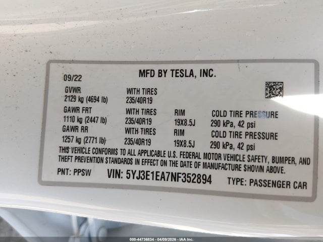 Aukcja sprzedaży 2022 Tesla Model 3 Rear-wheel Drive, vin: 5YJ3E1EA7NF352894, numer aukcji: 44736834